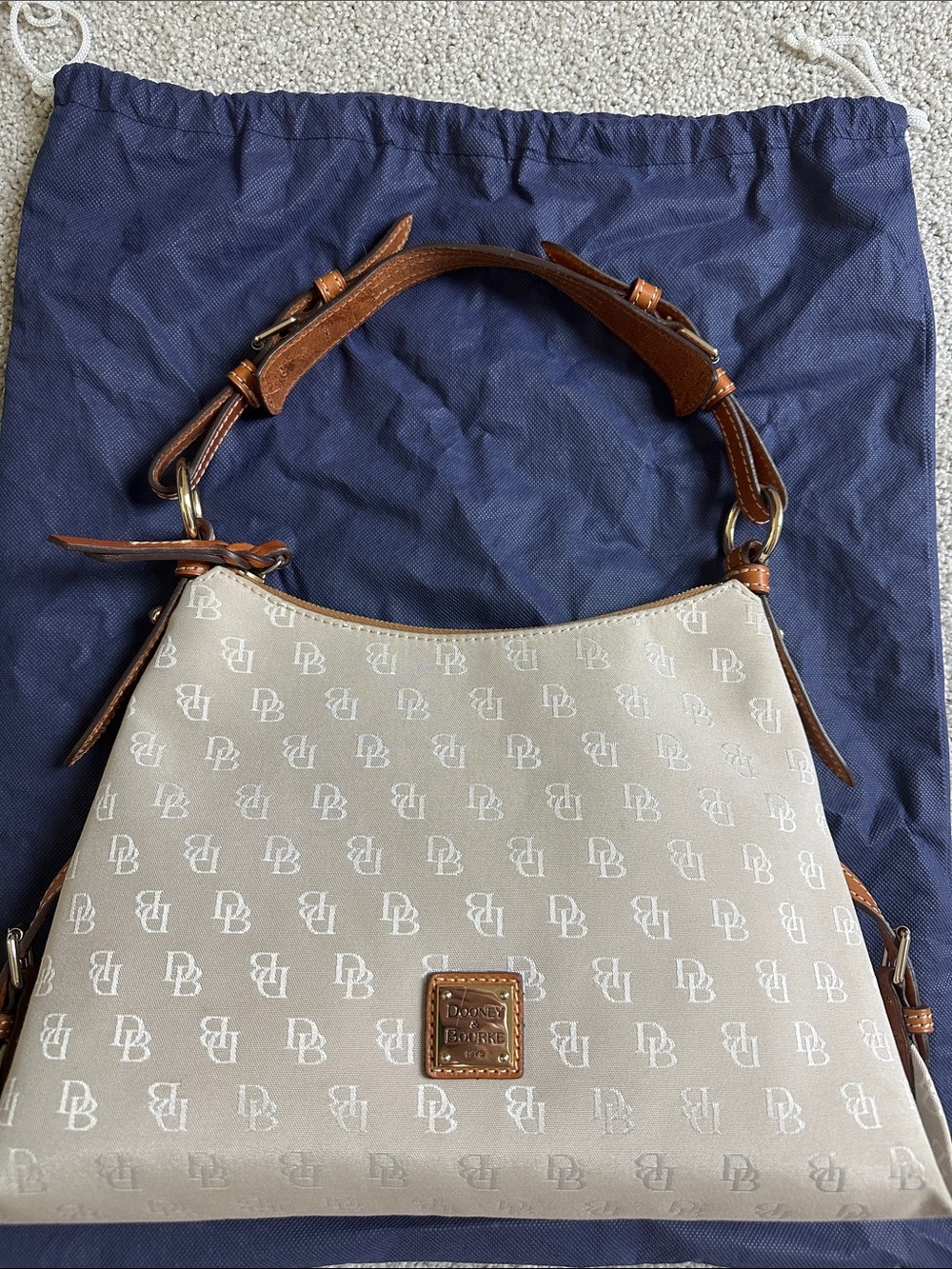 Dooney & Bourke Tan Logo Shoulder Bag with Brown Leather Trim